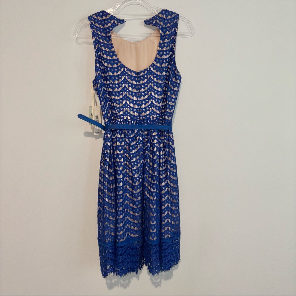 Eliza J lace eyelet belted Patterned Dress blue nude size 6 - Picture 3 of 7